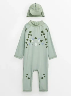 Green Dinosaur Long Leg Swimsuit & Keppi Hat 18-24 months