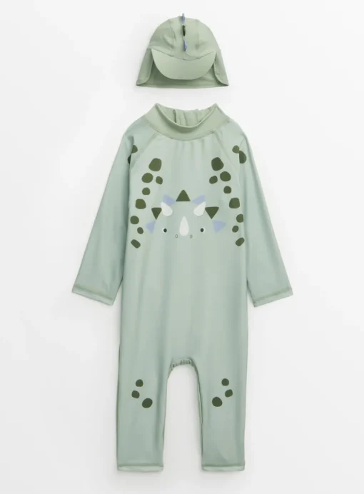 Green Dinosaur Long Leg Swimsuit & Keppi Hat 18-24 months