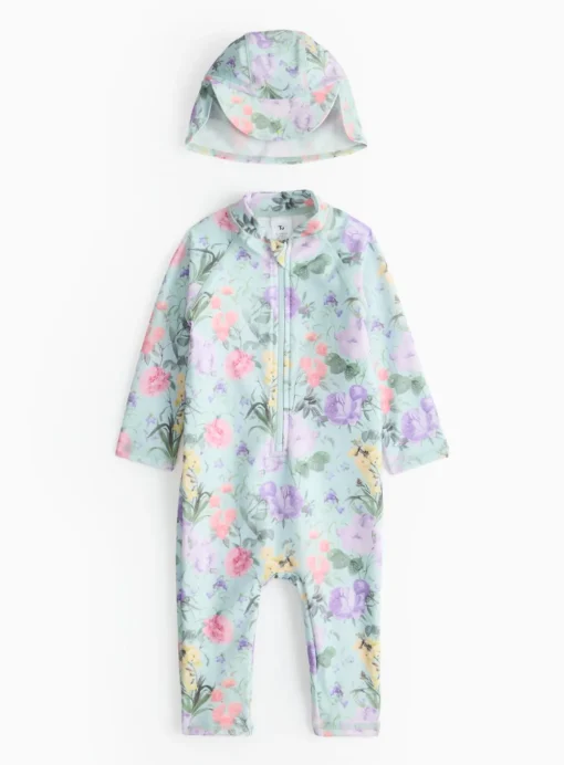 Green Floral Print Sunsafe Swimsuit & Keppi Hat 6-9 months