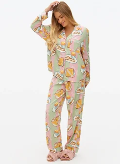 Green Stripe Breakfast Print Pyjama Set L
