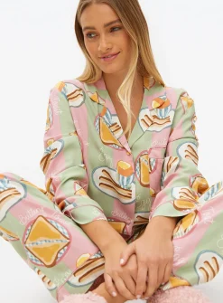 Green Stripe Breakfast Print Pyjama Set L