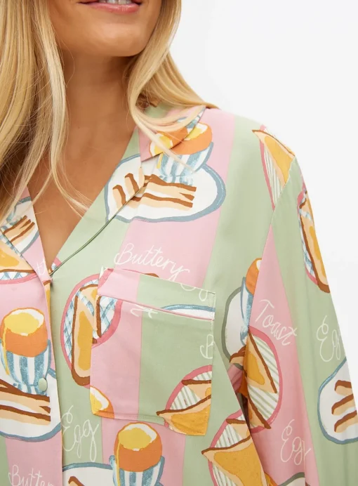 Green Stripe Breakfast Print Pyjama Set L