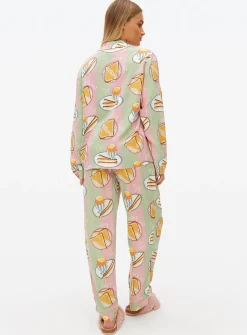 Green Stripe Breakfast Print Pyjama Set L