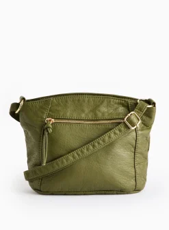 Green Washed Faux Leather Crossbody Bag One Size