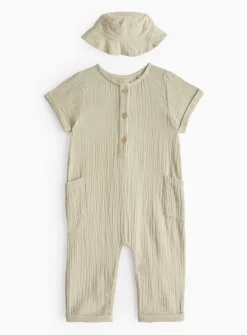 Green Woven Romper & Bucket Hat Set 3-6 months