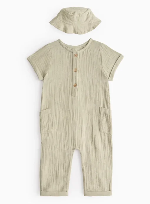 Green Woven Romper & Bucket Hat Set 3-6 months