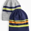 Grey & Navy Blue Stripe Beanie Hats 2 Pack 3-5 years