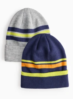 Grey & Navy Blue Stripe Beanie Hats 2 Pack 3-5 years