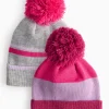 Grey & Pink Stripe Knitted Pom Pom Hats 2 Pack 6-9 years