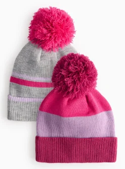 Grey & Pink Stripe Knitted Pom Pom Hats 2 Pack 6-9 years