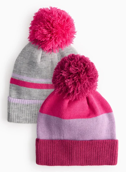 Grey & Pink Stripe Knitted Pom Pom Hats 2 Pack 6-9 years