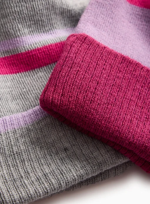 Grey & Pink Stripe Knitted Pom Pom Hats 2 Pack 6-9 years