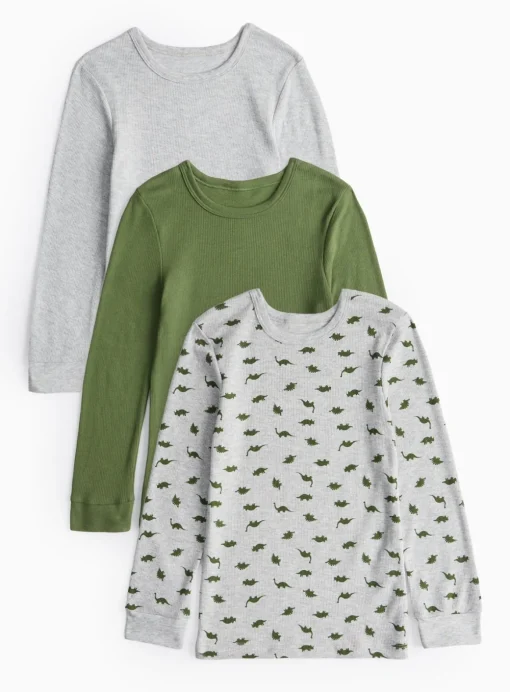 Grey Dino Print Long Sleeve Thermal Tops 3 Pack 10-11 years