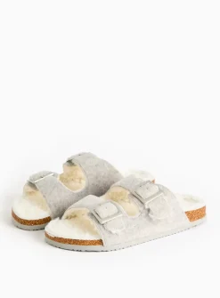Grey Felt Double Strap Fleece Slippers M