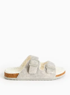 Grey Felt Double Strap Fleece Slippers M