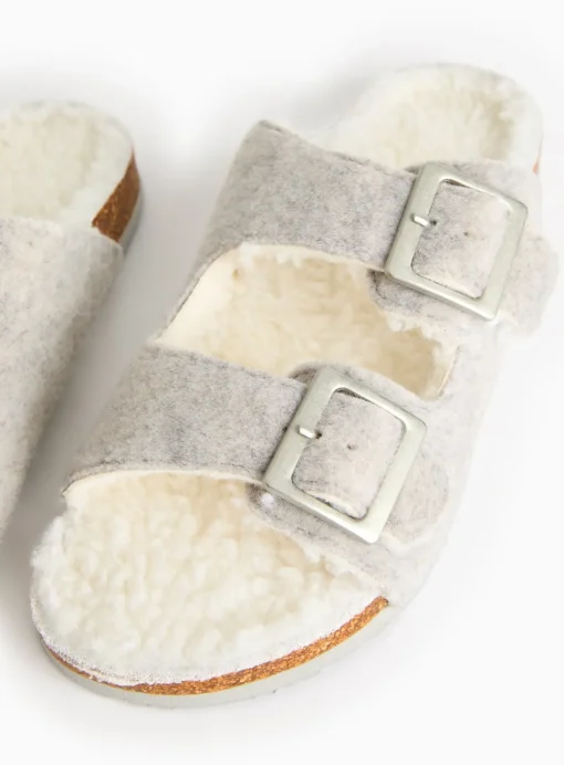 Grey Felt Double Strap Fleece Slippers M