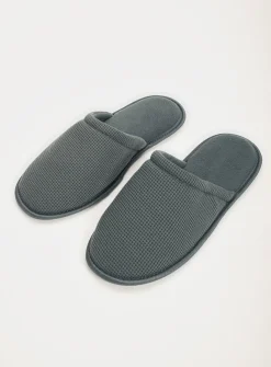 Grey Green Waffle Mule Slippers S