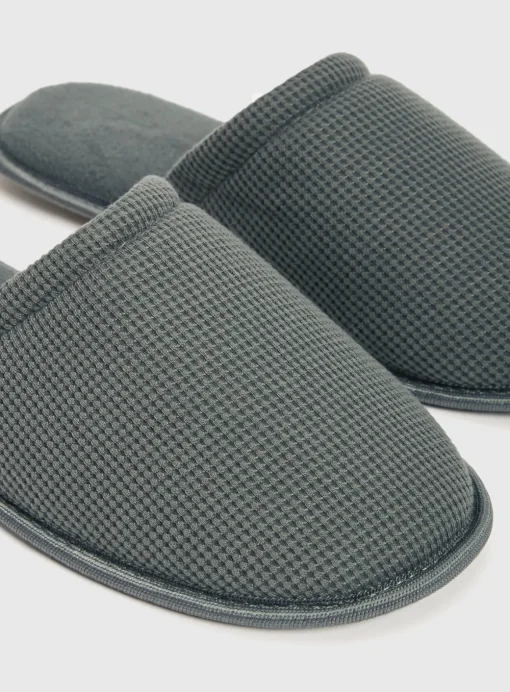 Grey Green Waffle Mule Slippers S