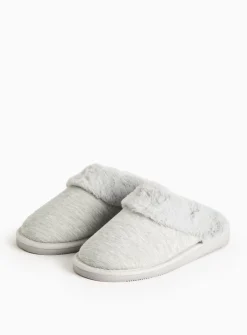 Grey Jersey Faux Fur Cuff Mule Slippers S