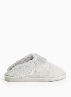 Grey Jersey Faux Fur Cuff Mule Slippers S