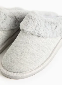 Grey Jersey Faux Fur Cuff Mule Slippers S