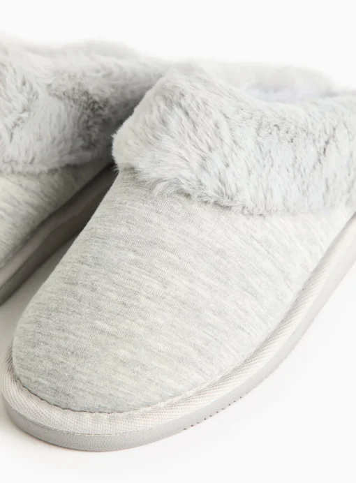 Grey Jersey Faux Fur Cuff Mule Slippers S