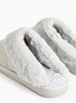Grey Jersey Faux Fur Cuff Mule Slippers S
