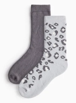 Grey Leopard Print Cosy Socks 2 Pack 4-8