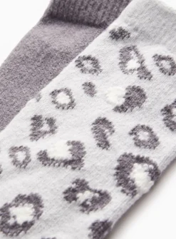 Grey Leopard Print Cosy Socks 2 Pack 4-8