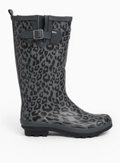 Grey Leopard Print Long Length Rubber Wellies 5