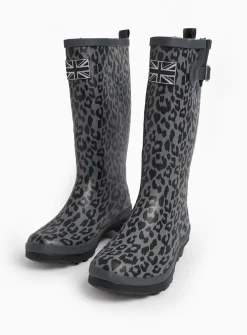 Grey Leopard Print Long Length Rubber Wellies 5