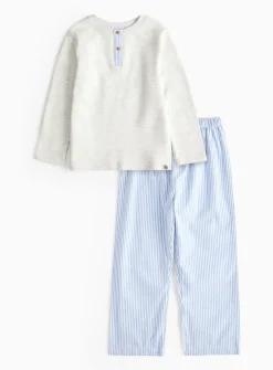 Grey Placket Top & Blue Stripe Bottoms Pyjama Set 1-2 years