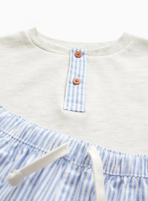 Grey Placket Top & Blue Stripe Bottoms Pyjama Set 1-2 years