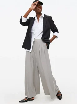 Grey Pleated Tailored Palazzo Trousers 10L