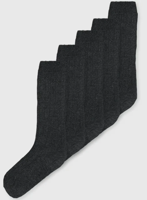 Grey Ribbed Long Socks 5 Pack 9-12