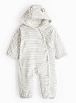 Grey Stripe Bear Detail Pramsuit 9-12 months