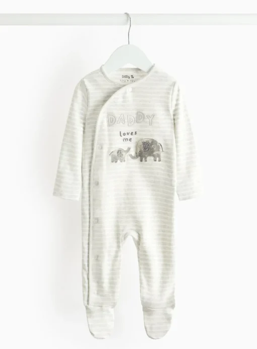 Grey Stripe Daddy Loves Me Slogan Sleepsuit Up to 3 mths
