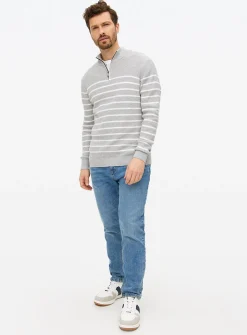 Grey Stripe Knitted Quarter Zip Jumper XXXL