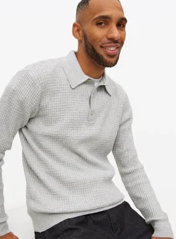 Grey Waffle Knit Polo Jumper M