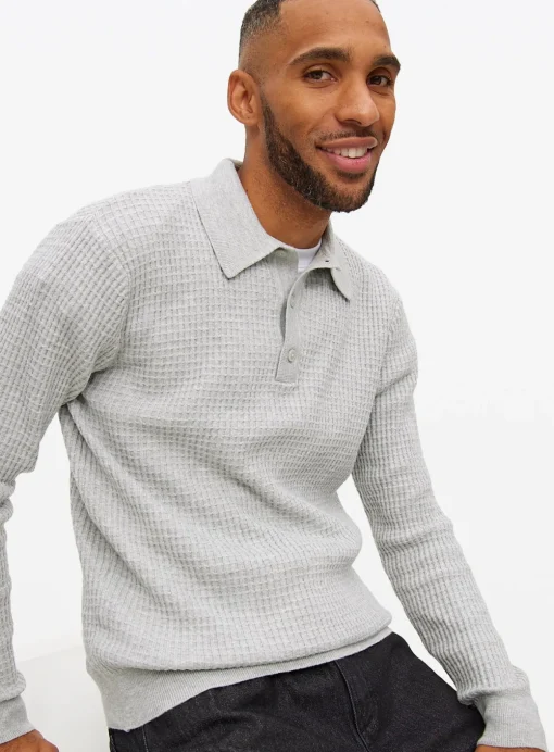 Grey Waffle Knit Polo Jumper M