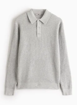 Grey Waffle Knit Polo Jumper M