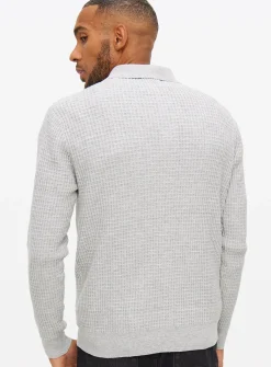 Grey Waffle Knit Polo Jumper M