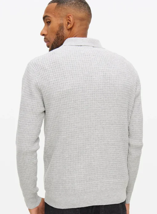Grey Waffle Knit Polo Jumper M