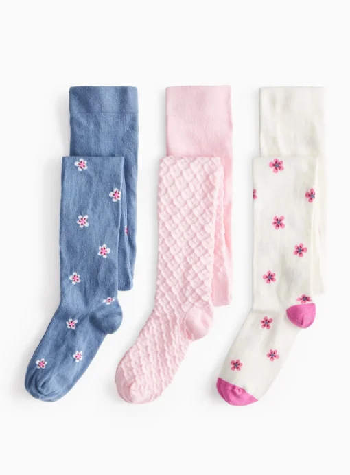 Heart Textured & Floral Print Tights 3 Pack 3-4 years