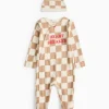 Heartbreaker Beige Chequered Sleepsuit & Hat Set 12-18 months