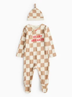 Heartbreaker Beige Chequered Sleepsuit & Hat Set 12-18 months