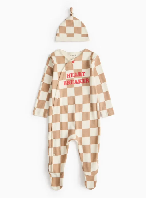 Heartbreaker Beige Chequered Sleepsuit & Hat Set 12-18 months