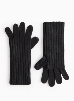 2-in-1 Black Knitted Mitten Gloves One Size
