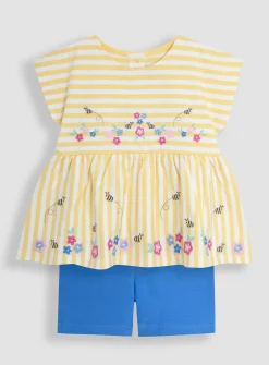 JOJO MAMAN BÉBÉ Yellow Bee & Flower Print Embroidered Gathered Waist T-Shirt & Shorts Set 2 Piece 6-12 months