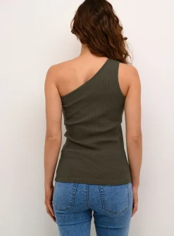 KAFFE Pia One Shoulder Rib Jersey Top Green XS